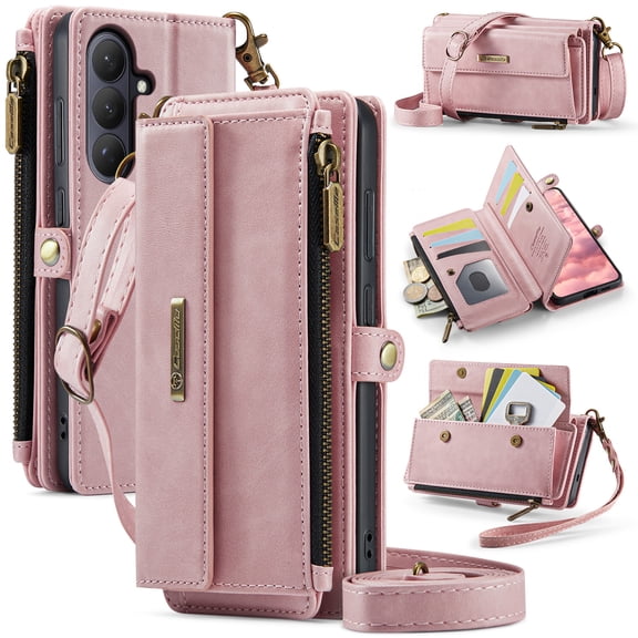 ELEHOLD Wallet Case for Samsung Galaxy S25 FE, Leather Shockproof Card Slots Zipper Pocket Card Holder Phone Case with Detachable Shoulder Strap+Wrist Strap,Pink