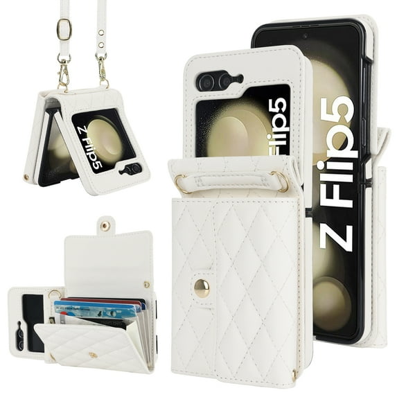 ELEHOLD Wallet Case for Samsung Galaxy Z Flip 6, Leather Long Shoulder Strap Card Slot Holder Purse Cover Crossbody Protective Case for Women Girls for Samsung Galaxy Z Flip 6,White