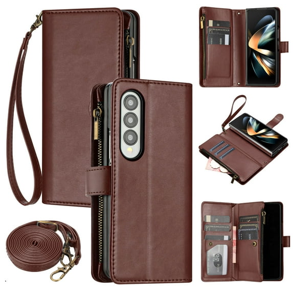ELEHOLD Wallet Case for Samsung Galaxy Z Fold 4, with 9 Card Slots Cash/Zipper Pocket Detachable Lanyard Crossbody Strap Magnetic Clasp Kickstand Luxury Purse Case,Brown