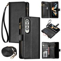 ELEHOLD Wallet Case for Samsung Galaxy Z Fold 4, with 9 Card Slots Cash/Zipper Pocket Detachable Lanyard Crossbody Strap Magnetic Clasp Kickstand Luxury Purse Case,Black
