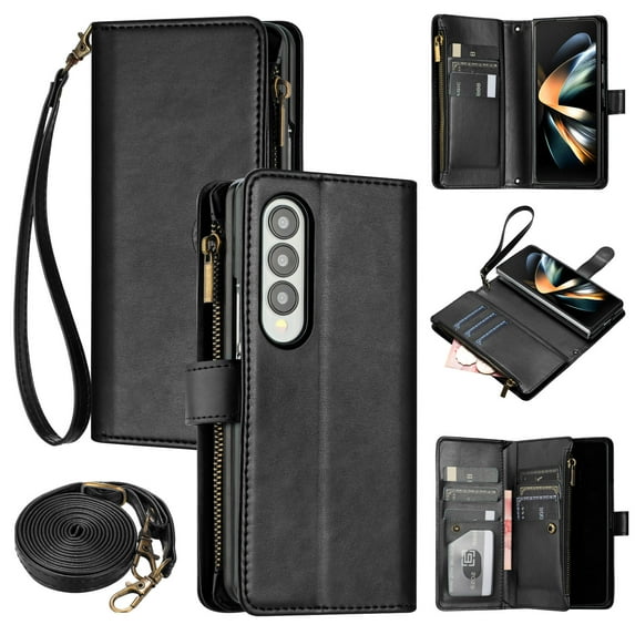 ELEHOLD Wallet Case for Samsung Galaxy Z Fold 4, with 9 Card Slots Cash/Zipper Pocket Detachable Lanyard Crossbody Strap Magnetic Clasp Kickstand Luxury Purse Case,Black