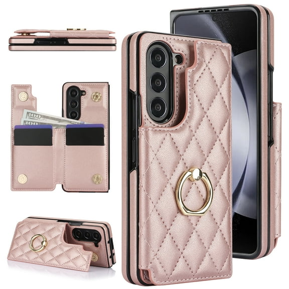 ELEHOLD Wallet Case for Samsung Galaxy Z Fold 4, Luxury Premium PU Leather with Flip Card Holders Rotation Ring Holder Stand Magnetic Button Shockproof Wallet Case for Galaxy Z Fold 4 5G -Rosegold