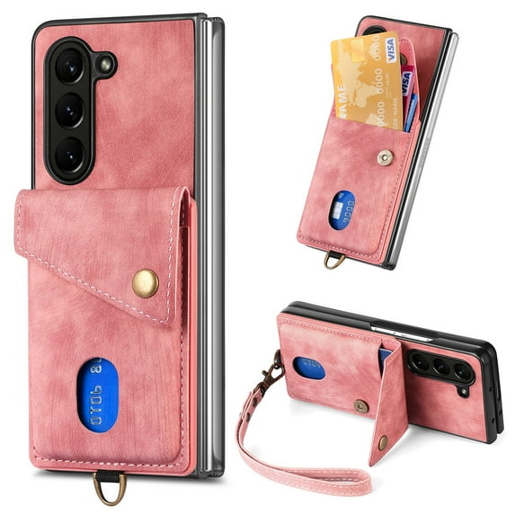 ELEHOLD Wallet Case for Samsung Galaxy Z Fold5 with Card Slots Detachable Wrist Strap Magnetic Clasp Premium Leather Wallet Phone Case for Samsung Galaxy Z Fold 5 2023,Pink