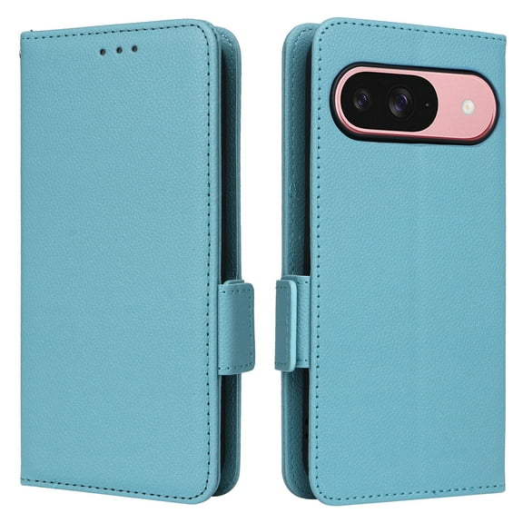 ELEHOLD Wallet Case for Google Pixel 10 /10 Pro, Shockproof Leather Flip Folio Kickstand Case with Wrist Strap and Card Slots,Cyanblue