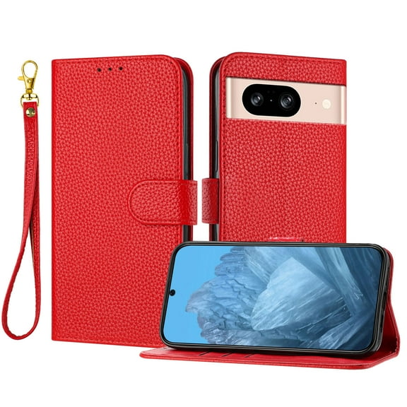 ELEHOLD Wallet Case for Google Pixel 8, Shockproof Leather Stand Case with Magnetic Clasp & Hand Strap,Red