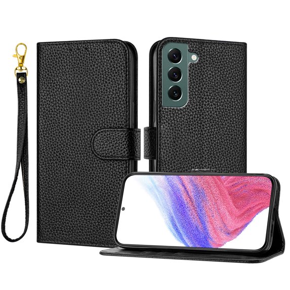 ELEHOLD Wallet Case for Samsung Galaxy S22 Plus, Shockproof Leather Stand Case with Magnetic Clasp & Hand Strap,Black