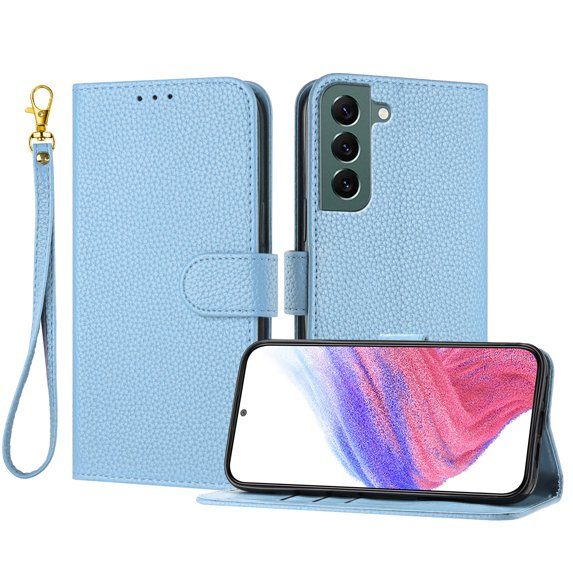 ELEHOLD Wallet Case for Samsung Galaxy S22 Plus, Shockproof Leather Stand Case with Magnetic Clasp & Hand Strap,Blue