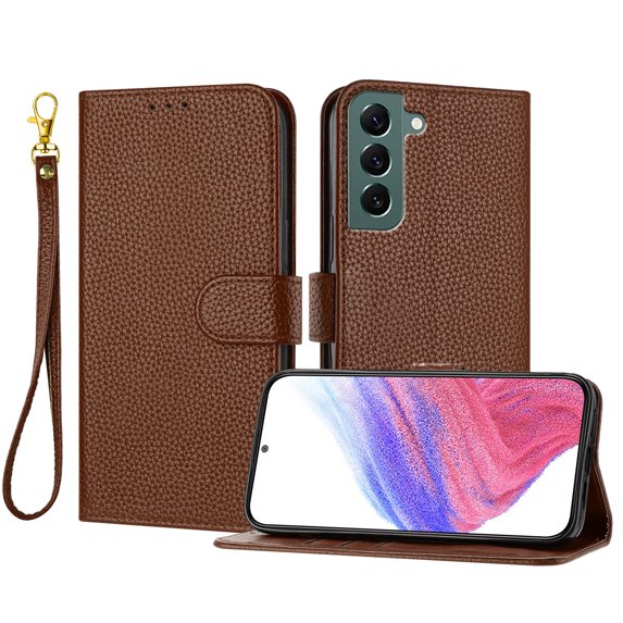 ELEHOLD Wallet Case for Samsung Galaxy S22 Plus, Shockproof Leather Stand Case with Magnetic Clasp & Hand Strap,Brown