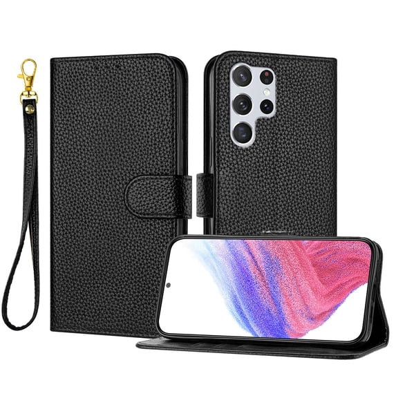 ELEHOLD Wallet Case for Samsung Galaxy S22 Ultra, Shockproof Leather Stand Case with Magnetic Clasp & Hand Strap,Black