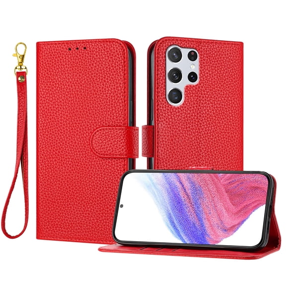 ELEHOLD Wallet Case for Samsung Galaxy S22 Ultra, Shockproof Leather Stand Case with Magnetic Clasp & Hand Strap,Red