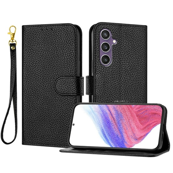ELEHOLD Wallet Case for Samsung Galaxy S23 FE, Shockproof Leather Stand Case with Magnetic Clasp & Hand Strap,Black