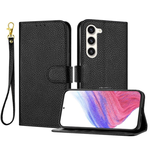 ELEHOLD Wallet Case for Samsung Galaxy S23 Plus, Shockproof Leather Stand Case with Magnetic Clasp & Hand Strap,Black