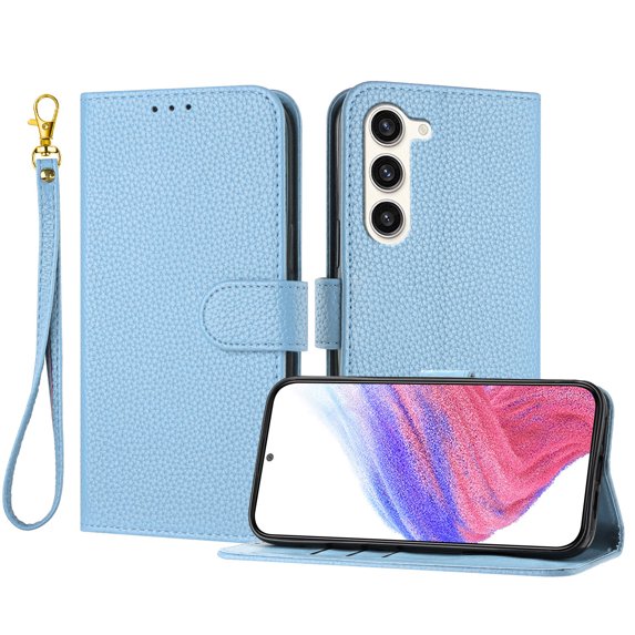 ELEHOLD Wallet Case for Samsung Galaxy S23 Plus, Shockproof Leather Stand Case with Magnetic Clasp & Hand Strap,Blue