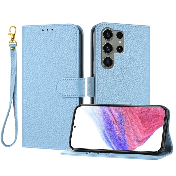 ELEHOLD Wallet Case for Samsung Galaxy S23 Ultra, Shockproof Leather Stand Case with Magnetic Clasp & Hand Strap,Blue