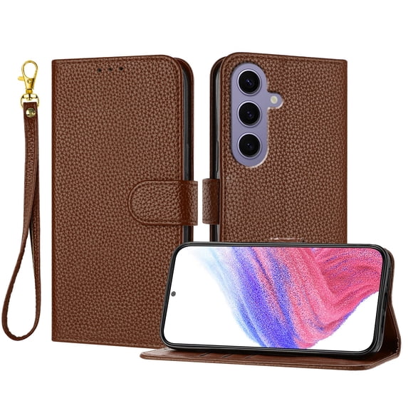 ELEHOLD Wallet Case for Samsung Galaxy S24, Shockproof Leather Stand Case with Magnetic Clasp & Hand Strap,Brown