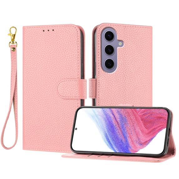 ELEHOLD Wallet Case for Samsung Galaxy S24, Shockproof Leather Stand Case with Magnetic Clasp & Hand Strap,Pink