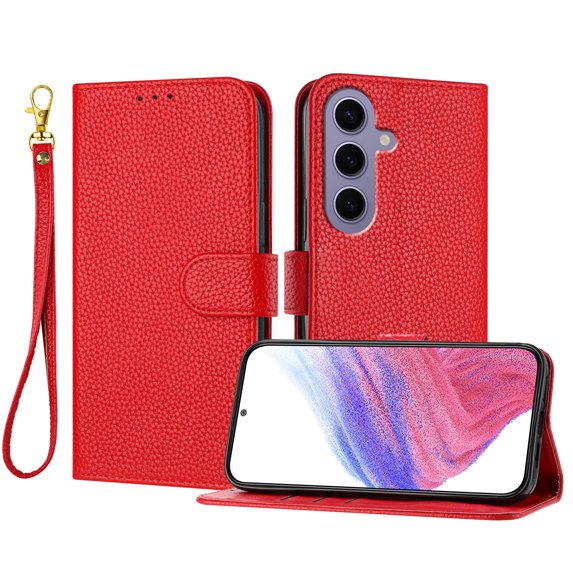 ELEHOLD Wallet Case for Samsung Galaxy S24, Shockproof Leather Stand Case with Magnetic Clasp & Hand Strap,Red