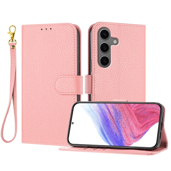ELEHOLD Wallet Case for Samsung Galaxy S25+, Shockproof Leather Stand Case with Magnetic Clasp & Hand Strap,Pink