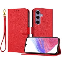 ELEHOLD Wallet Case for Samsung Galaxy S25, Shockproof Leather Stand Case with Magnetic Clasp & Hand Strap,Red