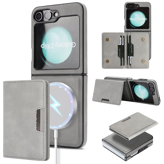 ELEHOLD Wallet Case for Samsung Galaxy Z Flip 6, Shockproof Magnetic Leather Case with Card Holders & Stand,Gray