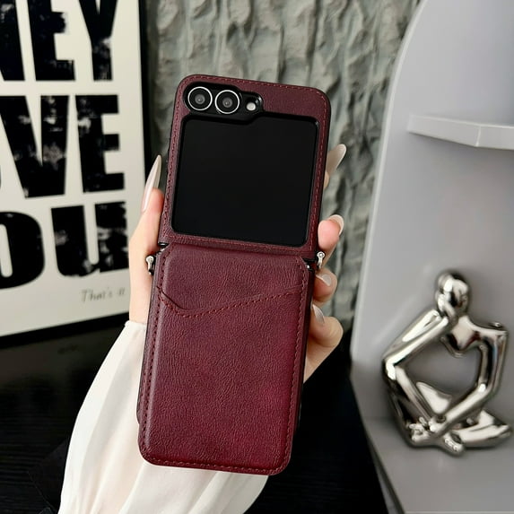 ELEHOLD Wallet Case for Samsung Galaxy Z Flip 7, Business Shockproof Leather Flip Case with Kickstand and Card Slots,Winered