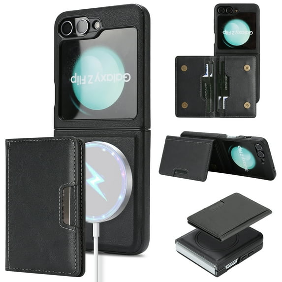 ELEHOLD Wallet Case for Samsung Galaxy Z Flip 7, Shockproof Magnetic Leather Case with Card Holders & Stand,Black