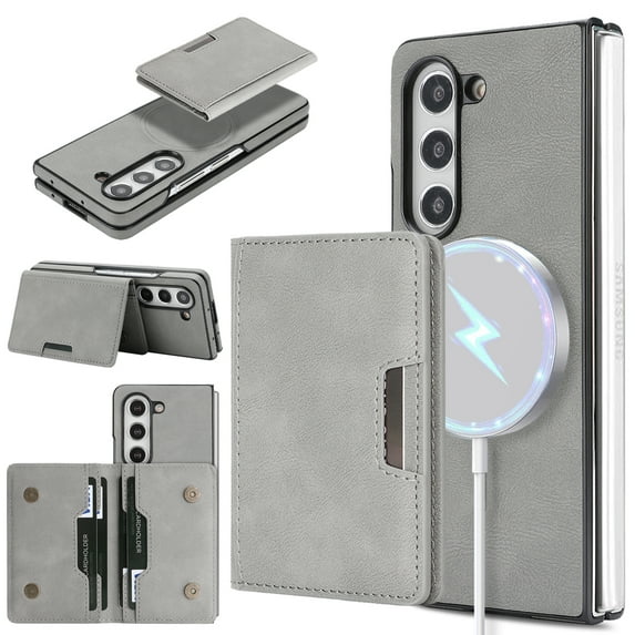 ELEHOLD Wallet Case for Samsung Galaxy Z Fold 7, Shockproof Magnetic Leather Case with Card Holders & Stand,Gray