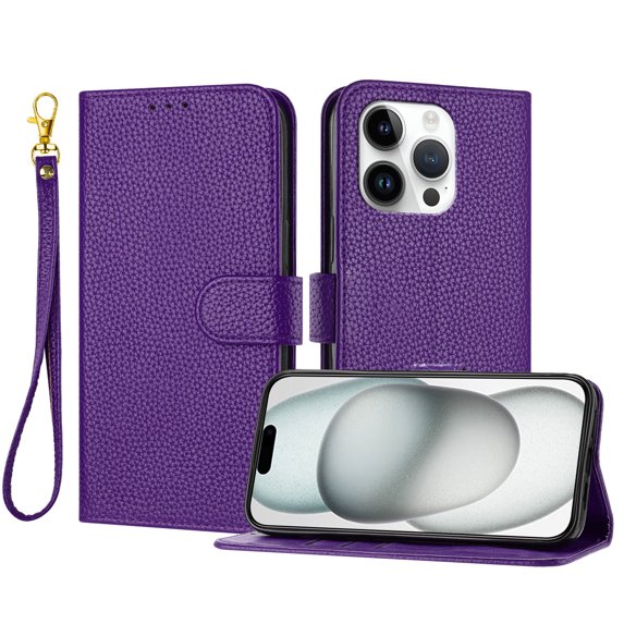 ELEHOLD Wallet Case for iPhone 13 Pro Max, Shockproof Leather Stand Case with Magnetic Clasp & Hand Strap,Purple