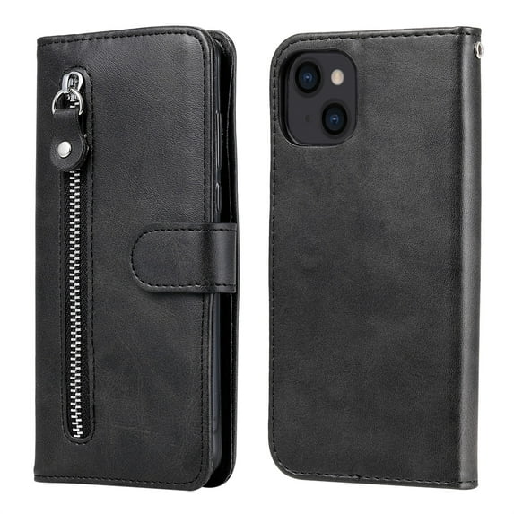 ELEHOLD Wallet Case for iPhone 14 6.1", Zipper Pocket Card Slots Kickstand Magnetic Clasp Full Body Shockproof Purse Case for iPhone 14,Black