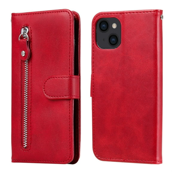 ELEHOLD Wallet Case for iPhone 14 6.1", Zipper Pocket Card Slots Kickstand Magnetic Clasp Full Body Shockproof Purse Case for iPhone 14,Red