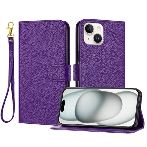 ELEHOLD Wallet Case for iPhone 14 Plus, Shockproof Leather Stand Case with Magnetic Clasp & Hand Strap,Purple