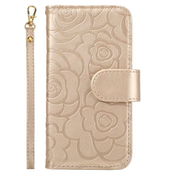 ELEHOLD Wallet Case for iPhone 14 Pro 6.1 inch Camellia Flower Pattern Card Slots Handstrap Magnetic Clasp Kickstand Shockproof Purse Case,Gold
