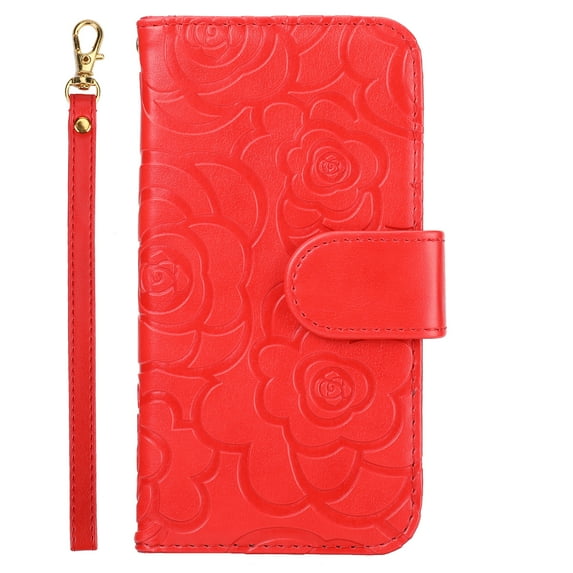 ELEHOLD Wallet Case for iPhone 14 Pro 6.1 inch Camellia Flower Pattern Card Slots Handstrap Magnetic Clasp Kickstand Shockproof Purse Case,Red