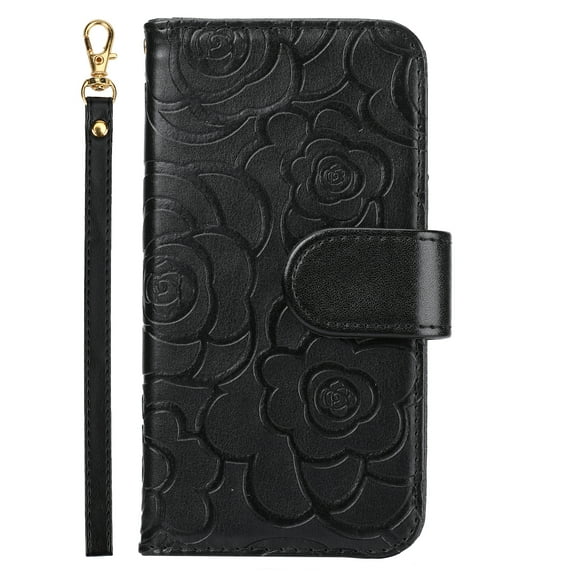 ELEHOLD Wallet Case for iPhone 14 Pro Max Camellia Flower Pattern Card Slots Handstrap Magnetic Clasp Kickstand Shockproof Purse Case,Black