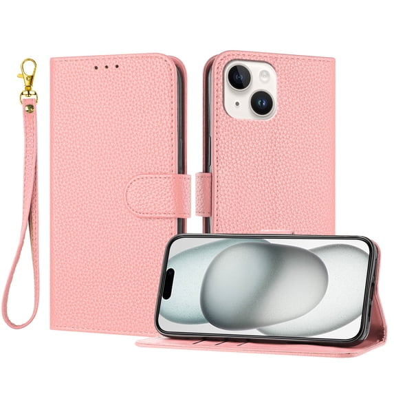 ELEHOLD Wallet Case for iPhone 14, Shockproof Leather Stand Case with Magnetic Clasp & Hand Strap,Pink