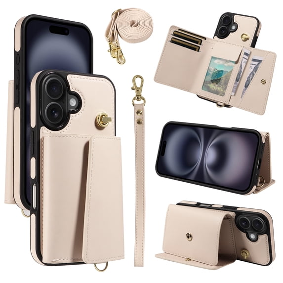 ELEHOLD Wallet Case for iPhone 16 Plus, PU Leather Flip Case with Crossbody & Wrist Strap,Full Protection Case with Card Slots & Kickstand,Beige