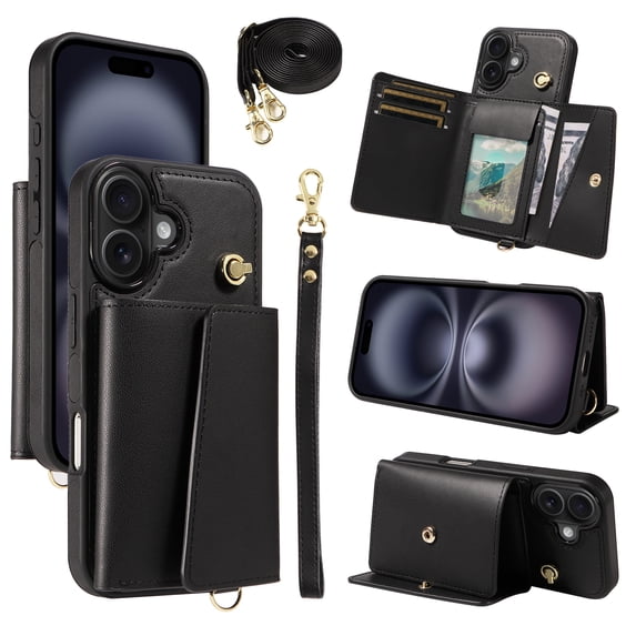 ELEHOLD Wallet Case for iPhone 16 Plus, PU Leather Flip Case with Crossbody & Wrist Strap,Full Protection Case with Card Slots & Kickstand,Black