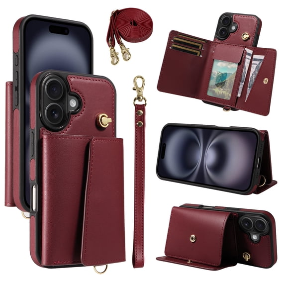 ELEHOLD Wallet Case for iPhone 16 Plus, PU Leather Flip Case with Crossbody & Wrist Strap,Full Protection Case with Card Slots & Kickstand,Winered