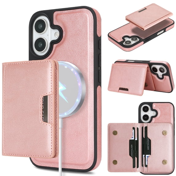 ELEHOLD Wallet Case for iPhone 16 Plus, Shockproof Magnetic Leather Case with Card Holders & Stand,Rosegold