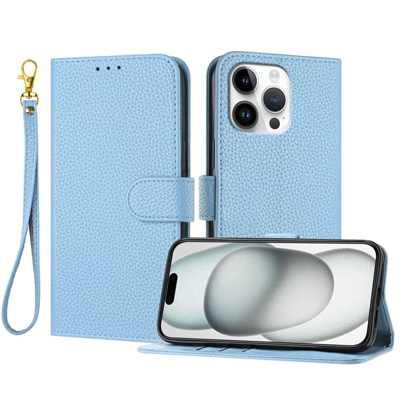 ELEHOLD Wallet Case for iPhone 16 Pro Max, Shockproof Leather Stand Case with Magnetic Clasp & Hand Strap,Blue