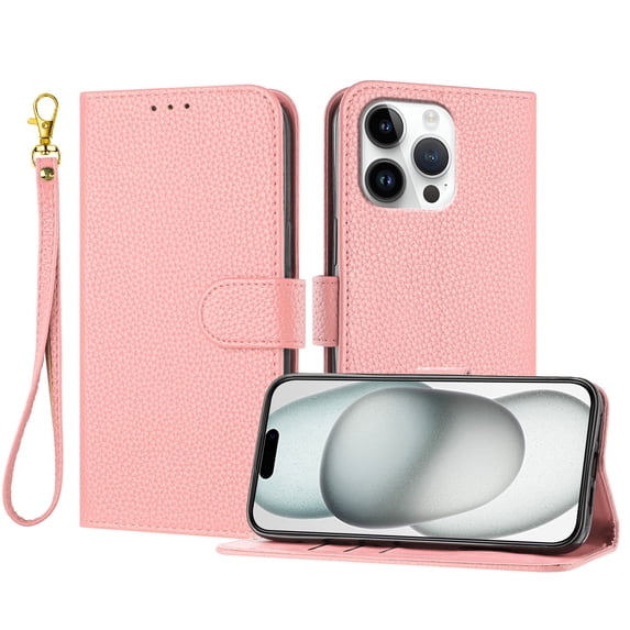 ELEHOLD Wallet Case for iPhone 16 Pro, Shockproof Leather Stand Case with Magnetic Clasp & Hand Strap,Pink