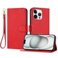 thumbnail image 1 of ELEHOLD Wallet Case for iPhone 16 Pro, Shockproof Leather Stand Case with Magnetic Clasp & Hand Strap,Red, 1 of 6