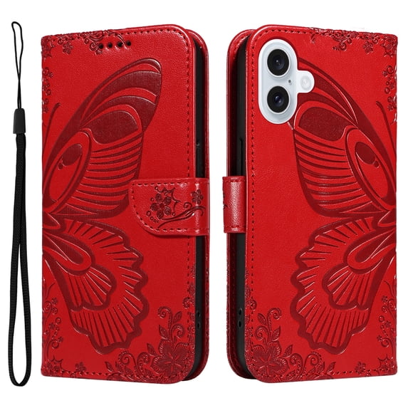 ELEHOLD Wallet Case for iPhone 17, Butterfly Embossed Phone Case with Kickstand and Card Slots, Shockproof Leather Cover with Wrist Strap,Red
