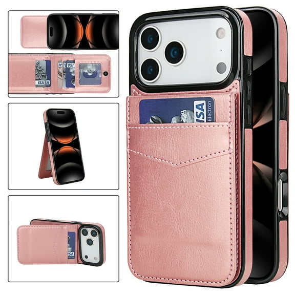 ELEHOLD Wallet Case for iPhone 17 Pro Max, Shockproof Flip Leather Case with Card Holder & Stand,Rosegold