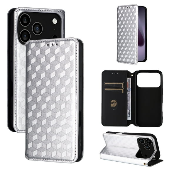 ELEHOLD Wallet Case for iPhone 17 Pro Max, Shockproof Leather Flip Case with Kickstand and Card Slots,Silver