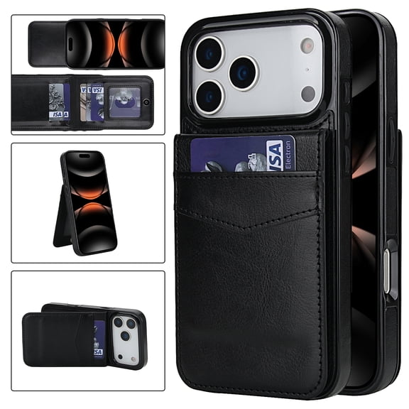 ELEHOLD Wallet Case for iPhone 17 Pro, Shockproof Flip Leather Case with Card Holder & Stand,Black