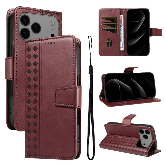 ELEHOLD Wallet Case for iPhone 17 Pro, Shockproof Leather Folio Kickstand Case with Card Slots and Strap,Red