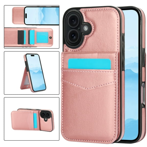 ELEHOLD Wallet Case for iPhone 17, Shockproof Flip Leather Case with Card Holder & Stand,Rosegold