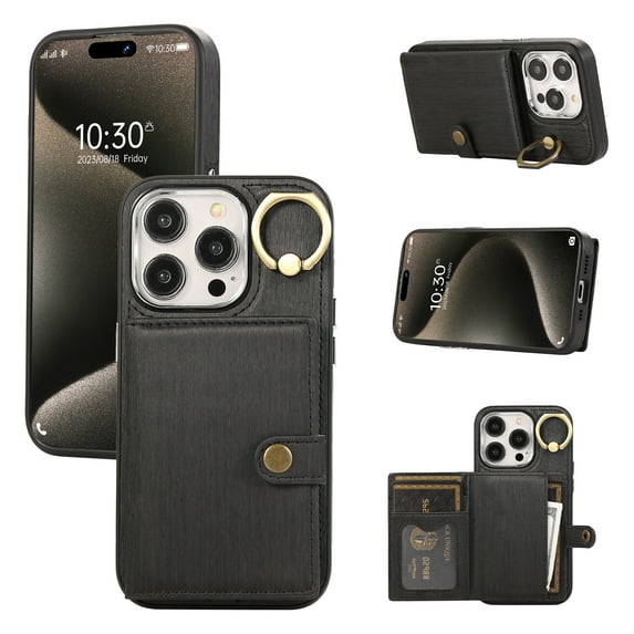 ELEHOLD Wallet Case for iPhone 11 Back Card Holders Premium Leather Cover with Metal Ring Holder Stand Magnetic Clasp Shockproof Wallet Case for iPhone 11,black