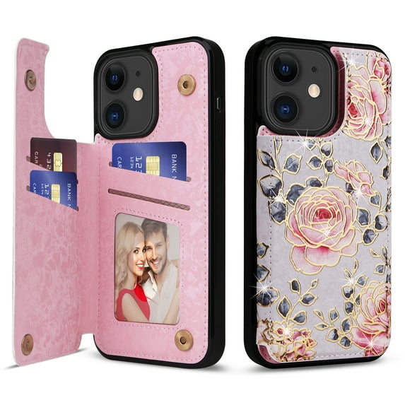 ELEHOLD Wallet Case for iPhone 11 Case Beautiful Flower Floral Pattern with Back Card Holders Magnetic Button RFID Blocking Shockproof Protective Stand Case for iPhone 11,A